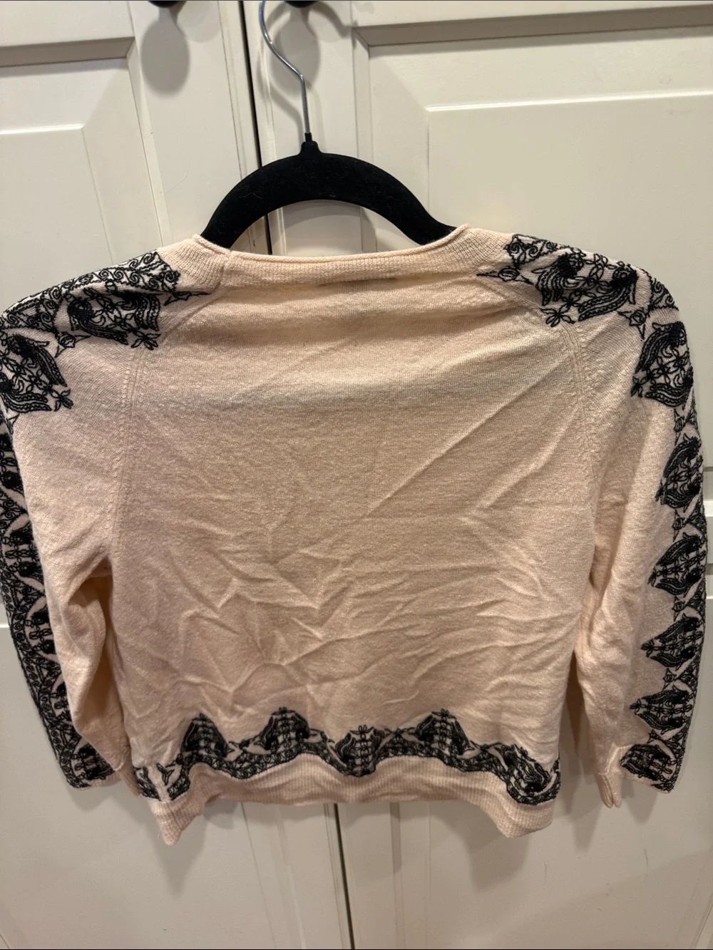 J. Crew Apricot Sweater with Black Floral Embroidered Trim